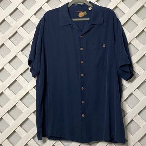 Caribbean Button Down Shirt Men's 2XT Navy Blue Silk Blend Short Sleeve